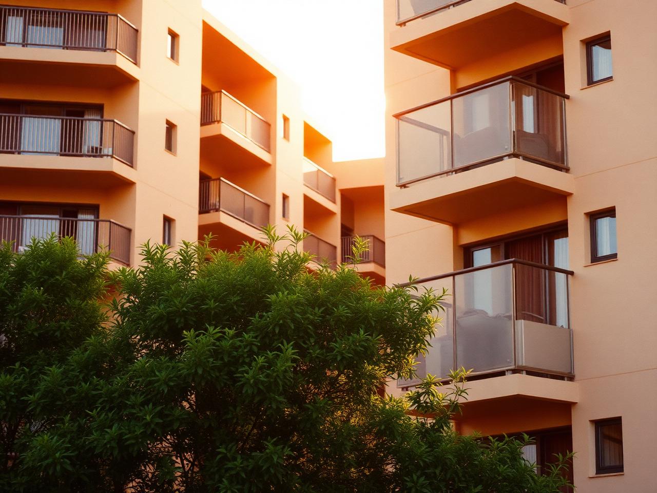 Sunlit residential apartment building with balconies and lush greenery